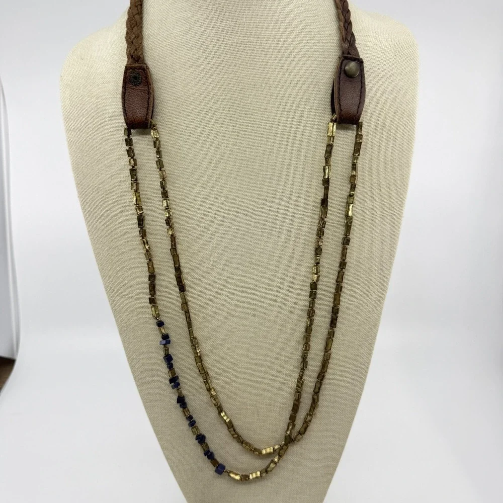 Bronze Tone Blue Chip Bead Double Strand Leather Cord Boho Statement Necklace
